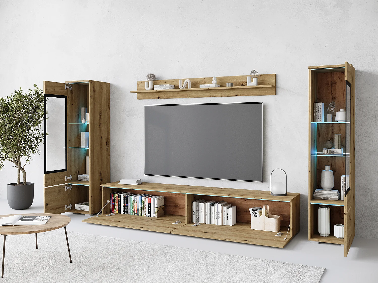 Ensemble de meubles pour salon avec LED 4 éléments – meuble TV 180 cm, 2 vitrines et étagère, composition murale debout ou suspendue chêne Artisan