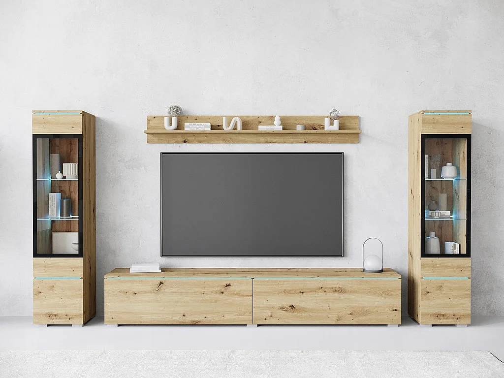 Ensemble de meubles pour salon avec LED 4 éléments – meuble TV 180 cm, 2 vitrines et étagère, composition murale debout ou suspendue chêne Artisan