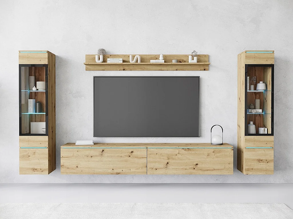 Ensemble de meubles pour salon avec LED 4 éléments – meuble TV 180 cm, 2 vitrines et étagère, composition murale debout ou suspendue chêne Artisan