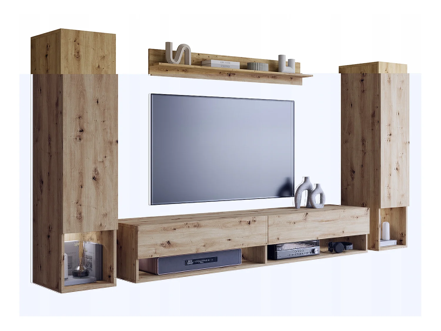 Mur TV moderne avec LED – ensemble mural suspendu pour salon 2 colonnes + meuble TV 180 cm + étagère, chêne artisan