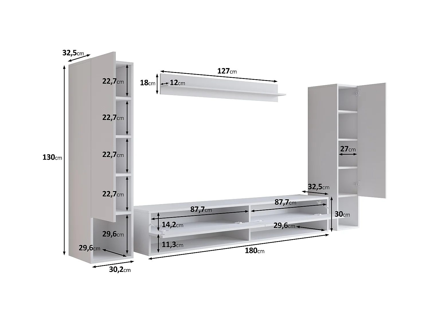 Mur TV moderne avec LED – ensemble mural suspendu pour salon 2 colonnes + meuble TV 180 cm + étagère, chêne artisan