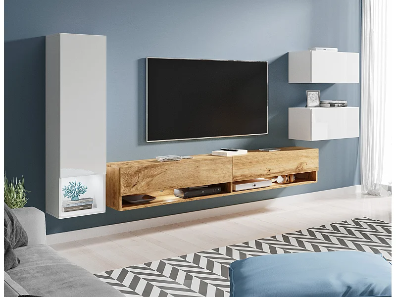 Meblościanka z LED 4-elem. – wiszący zestaw RTV 180 cm, słupek, 2 szafki, biały połysk + dąb wotan