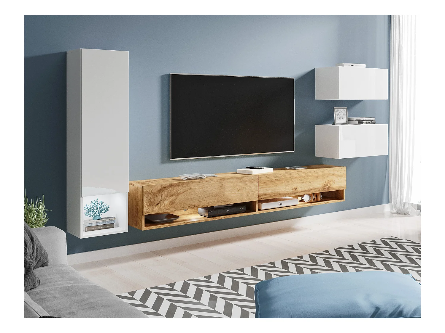 Meuble mural LED 4 éléments – ensemble suspendu TV 180 cm, colonne, 2 meubles, blanc brillant et chêne Wotan