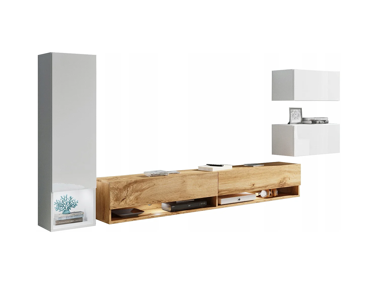 Meuble mural LED 4 éléments – ensemble suspendu TV 180 cm, colonne, 2 meubles, blanc brillant et chêne Wotan
