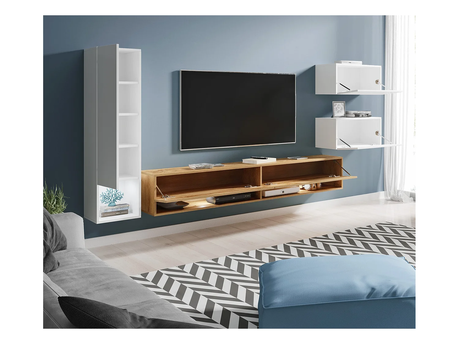 Meuble mural LED 4 éléments – ensemble suspendu TV 180 cm, colonne, 2 meubles, blanc brillant et chêne Wotan