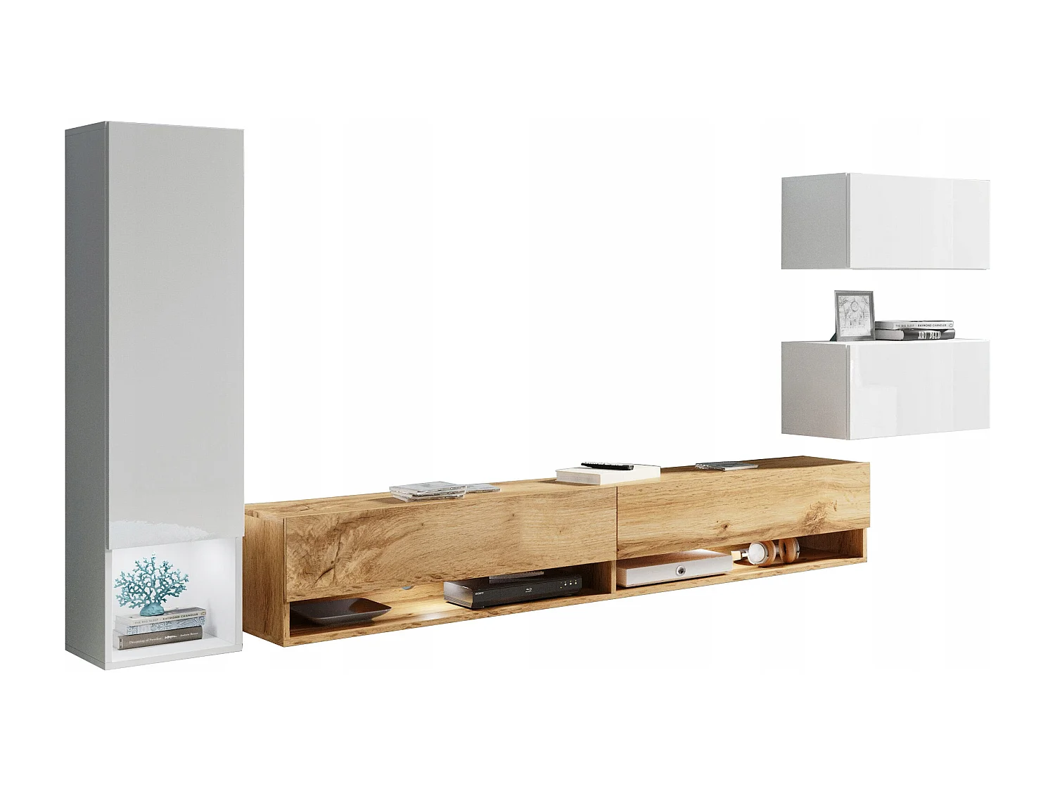 Meuble mural LED 4 éléments – ensemble suspendu TV 180 cm, colonne, 2 meubles, blanc brillant et chêne Wotan