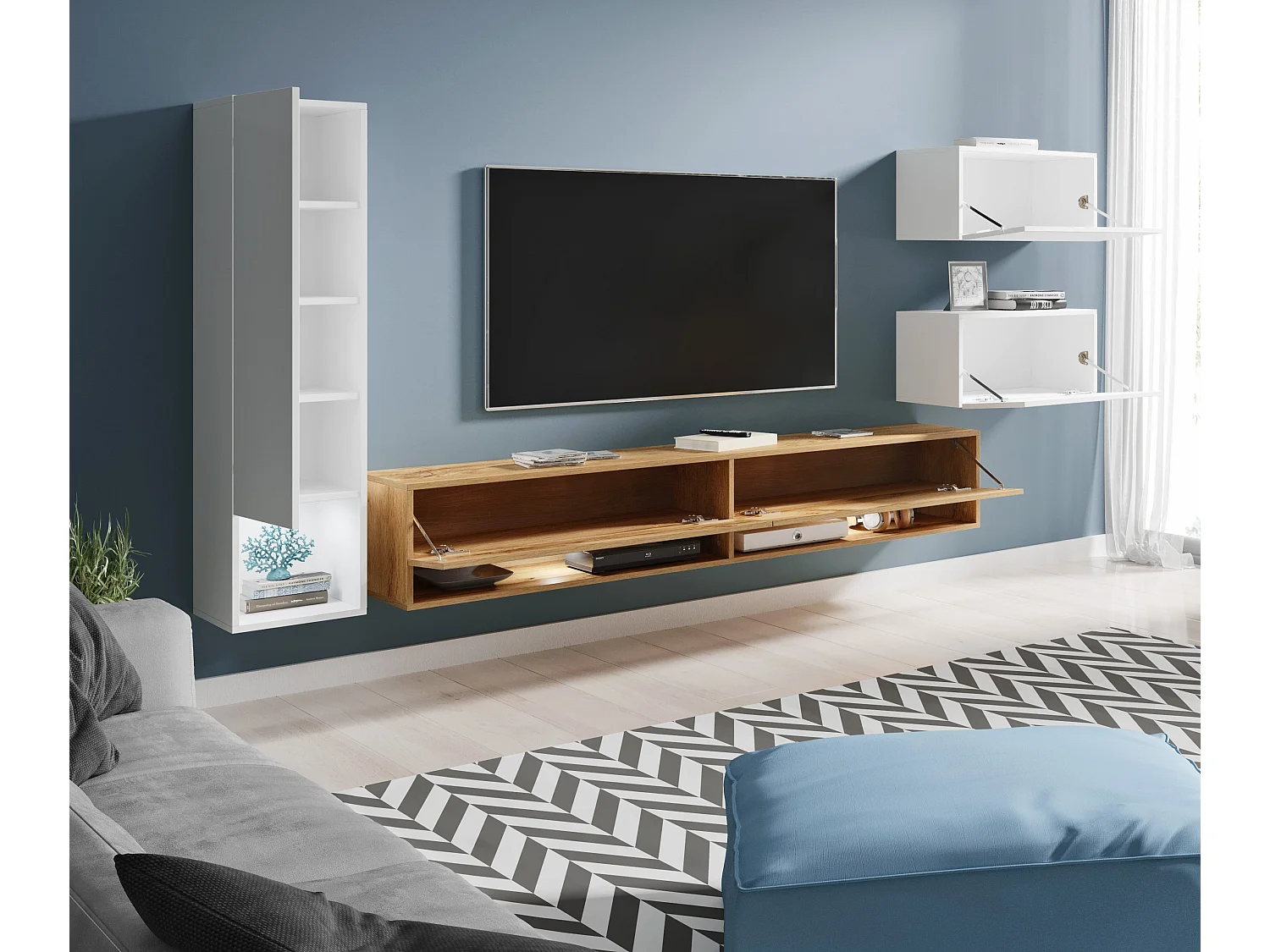 Meuble mural LED 4 éléments – ensemble suspendu TV 180 cm, colonne, 2 meubles, blanc brillant et chêne Wotan