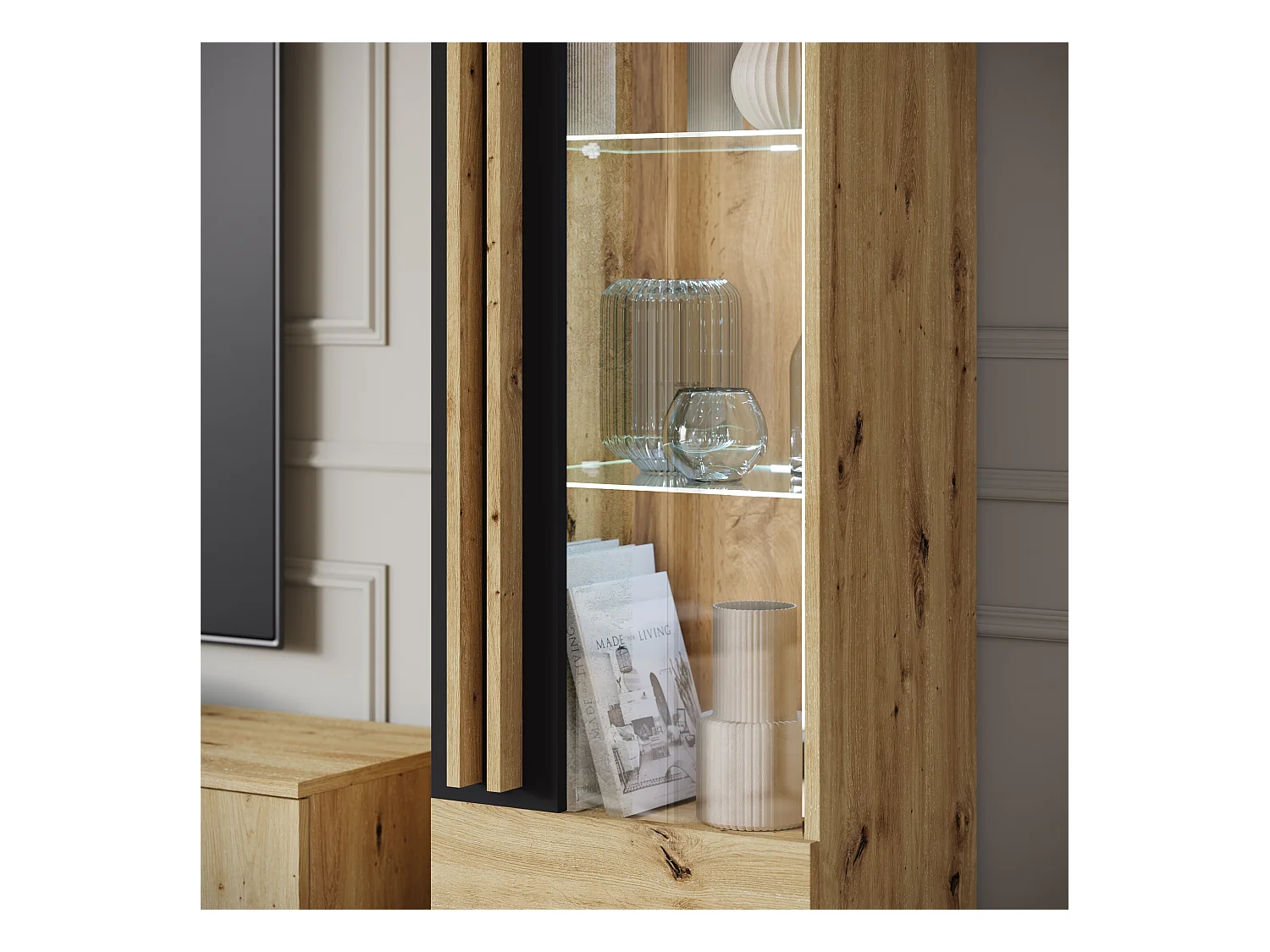 Conjunto de sala sobre pés com LED– conjunto TV 180 cm, vitrine, estante, prateleira carvalho Artisan mate