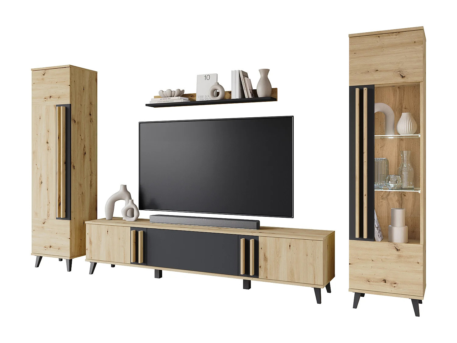 Meblościanka do salonu na nóżkach z LED– zestaw RTV 180 cm, witryna, regał, półka mat dąb artisan