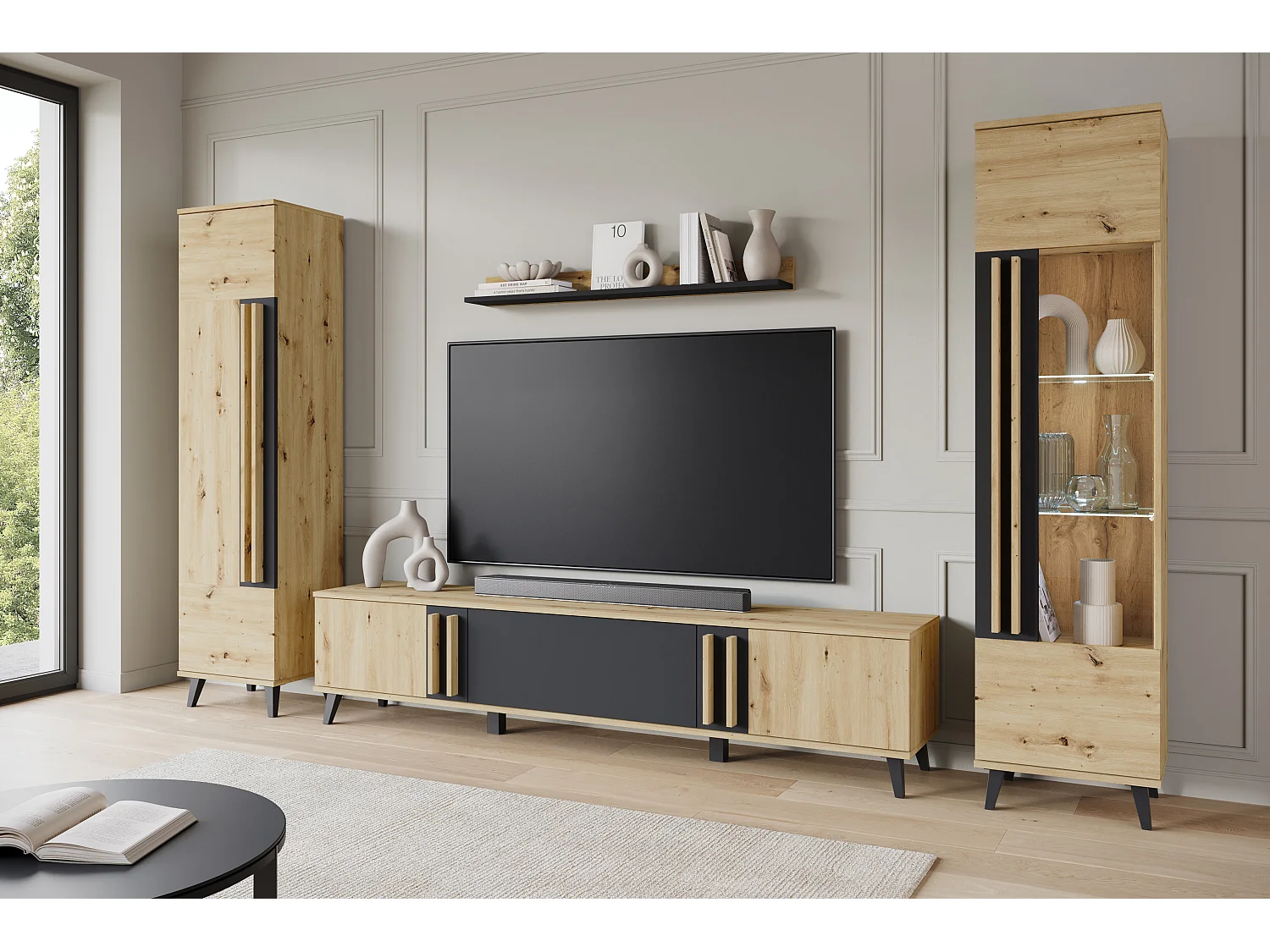 Mural de salon sur pieds avec LED– ensemble TV 180 cm, vitrine, bibliothèque, étagère murale chêne Artisan mat