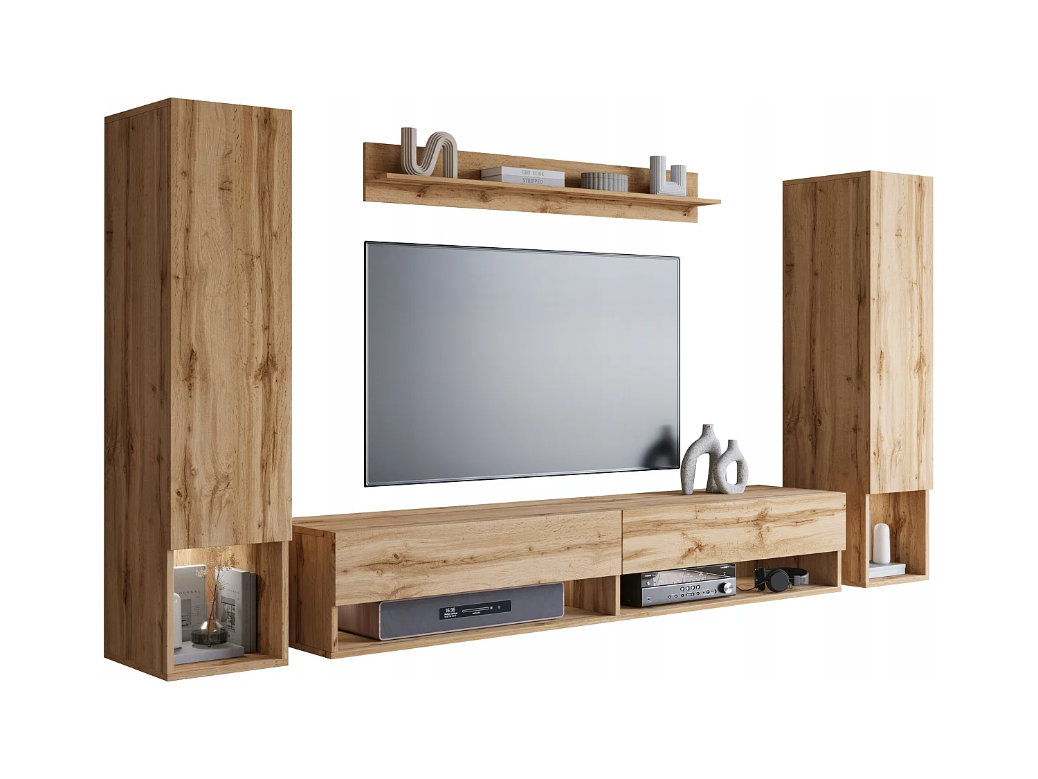 Mur TV moderne avec LED – ensemble mural suspendu pour salon 2 colonnes + meuble TV 180 cm + étagère, chêne wotan