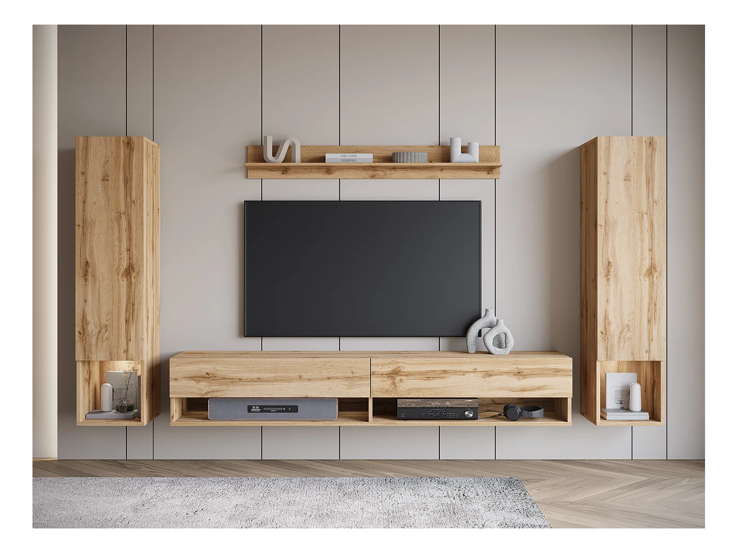 Mur TV moderne avec LED – ensemble mural suspendu pour salon 2 colonnes + meuble TV 180 cm + étagère, chêne wotan