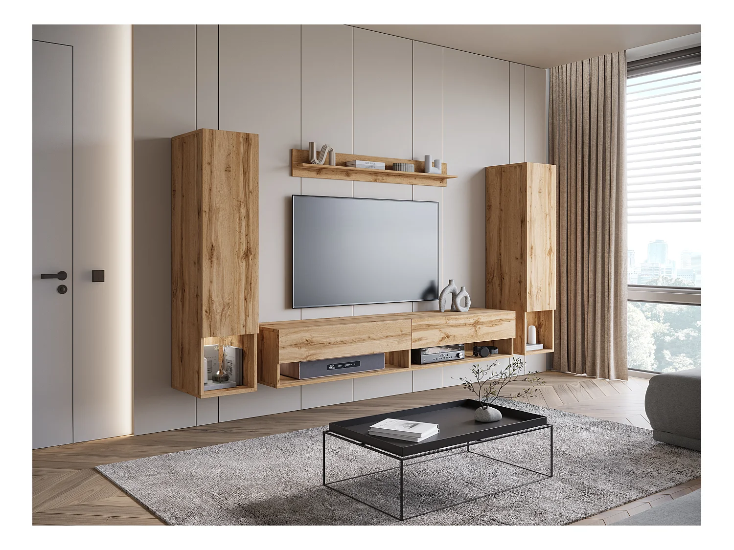 Nowoczesna meblościanka z LED – zestaw wiszący do salonu 2 słupki + szafka RTV 180 cm + półka, dąb wotan