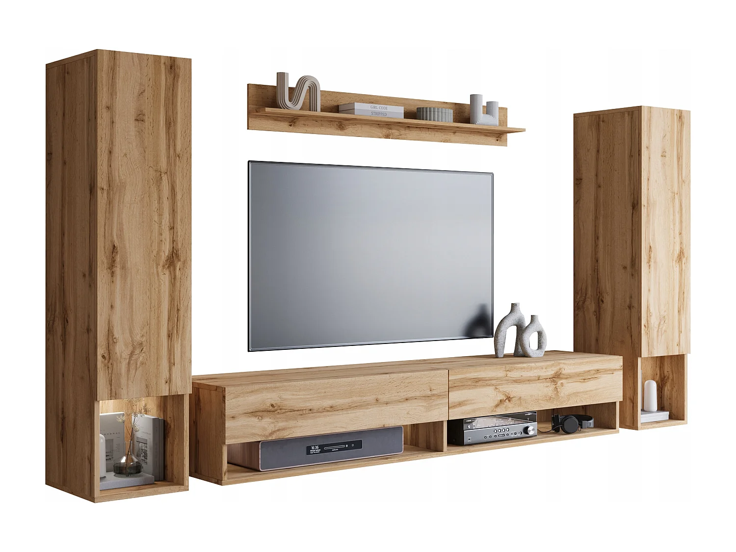 Mur TV moderne avec LED – ensemble mural suspendu pour salon 2 colonnes + meuble TV 180 cm + étagère, chêne wotan