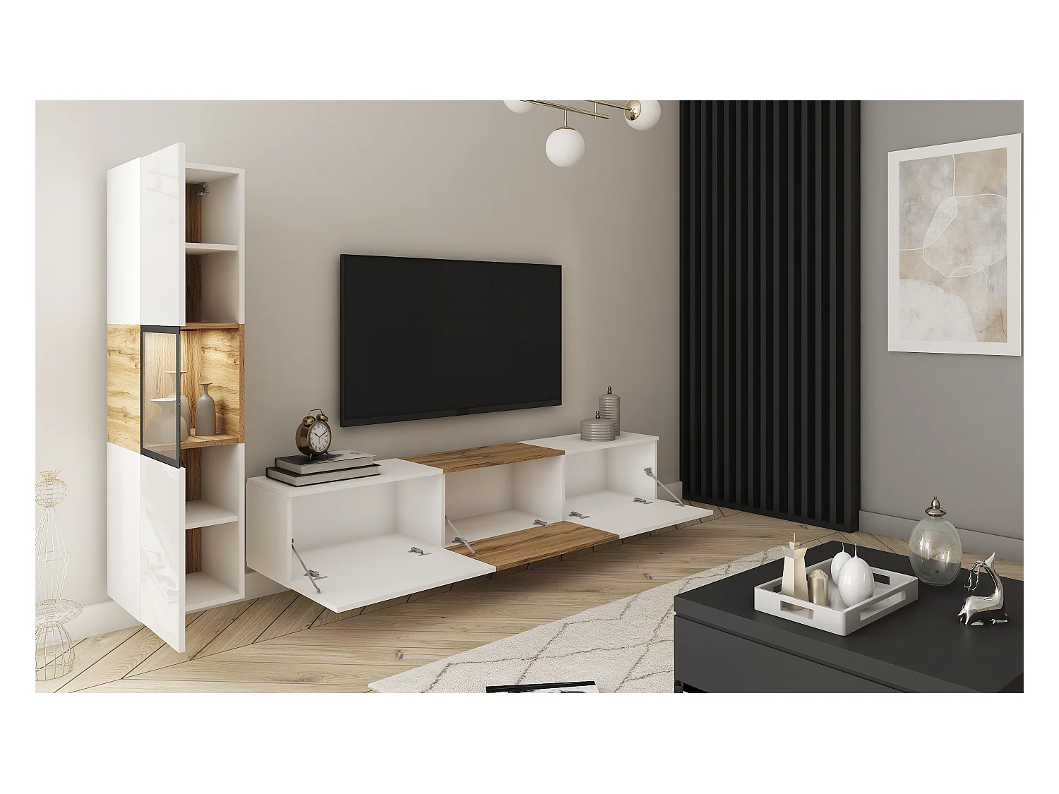 Mur TV moderne avec éclairage, ensemble suspendu et posé 2 éléments avec meuble TV 180 cm et vitrine, corps blanc mat, façades blanc brillant, insert chêne wotan