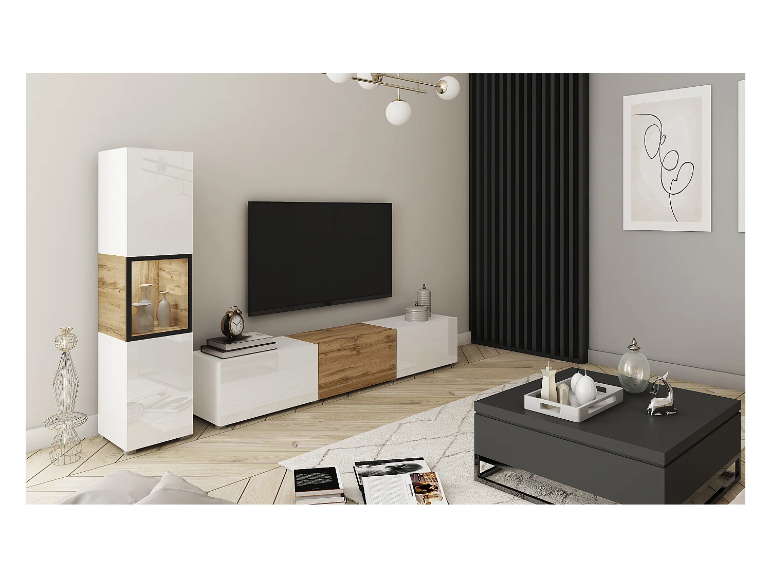 Mur TV moderne avec éclairage, ensemble suspendu et posé 2 éléments avec meuble TV 180 cm et vitrine, corps blanc mat, façades blanc brillant, insert chêne wotan
