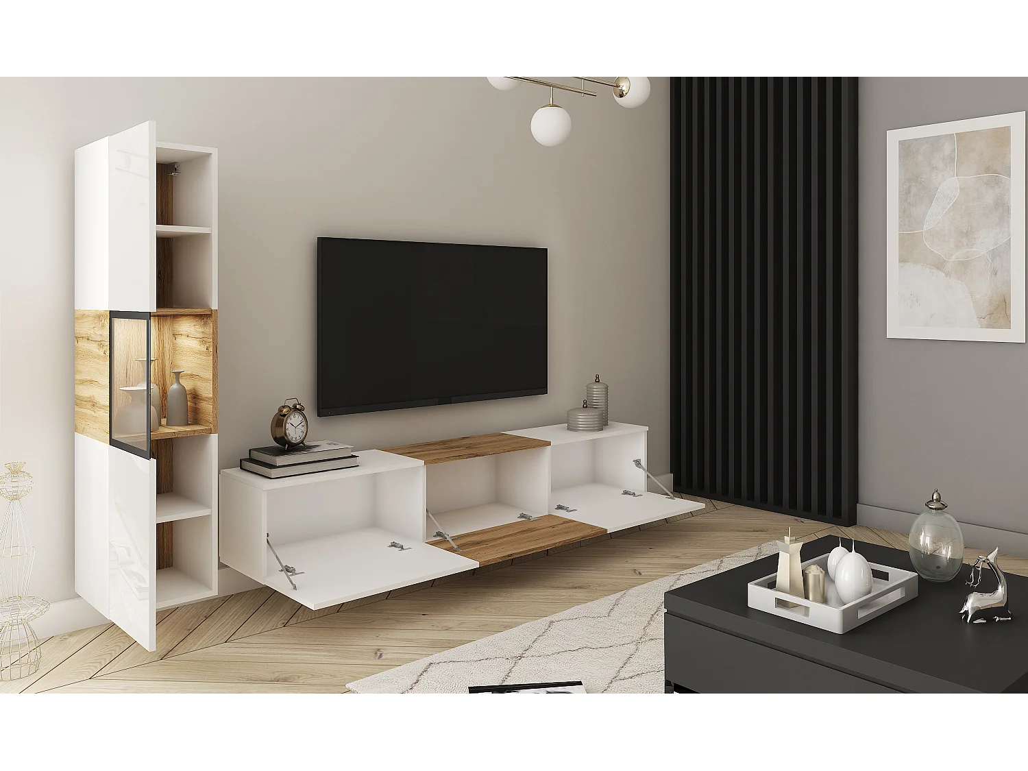 Mur TV moderne avec éclairage, ensemble suspendu et posé 2 éléments avec meuble TV 180 cm et vitrine, corps blanc mat, façades blanc brillant, insert chêne wotan