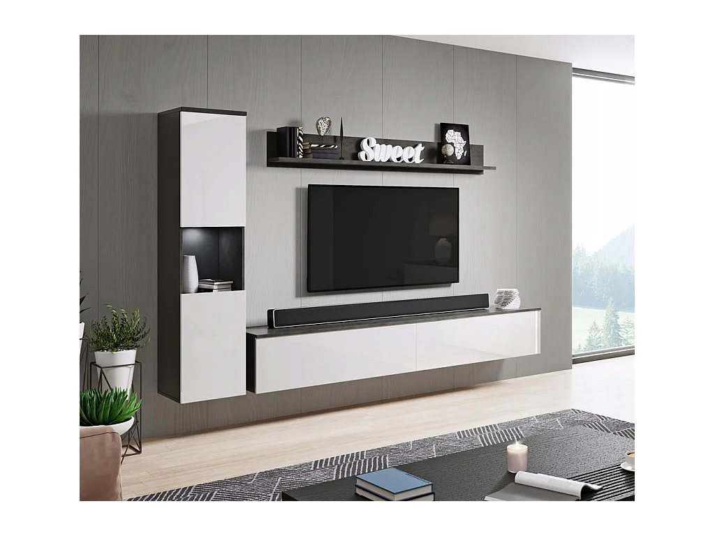 Mural de salon moderne 3 éléments avec LED, façades brillantes, colonne et meuble TV 180 cm corps anthracite mat, façades blanc brillant