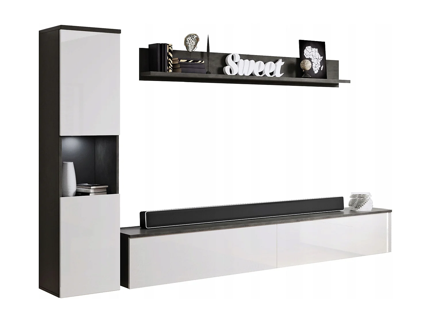 Mural de salon moderne 3 éléments avec LED, façades brillantes, colonne et meuble TV 180 cm corps anthracite mat, façades blanc brillant