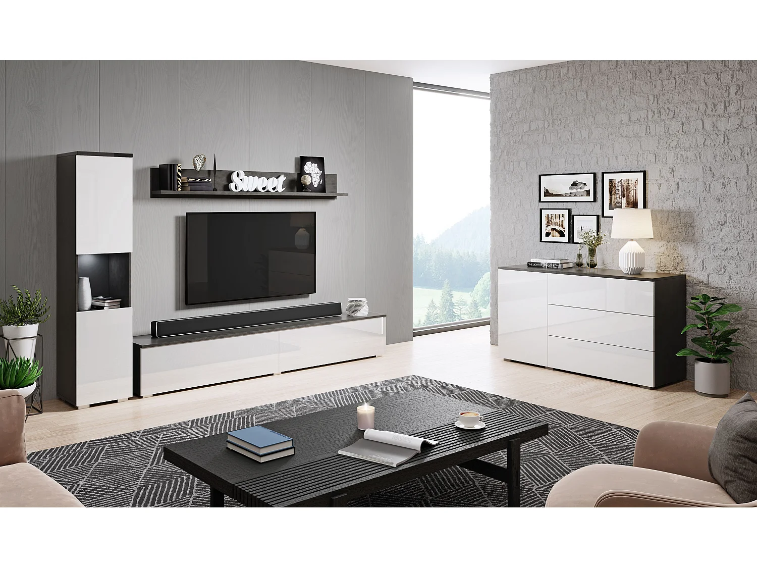 Mural de salon moderne 3 éléments avec LED, façades brillantes, colonne et meuble TV 180 cm corps anthracite mat, façades blanc brillant