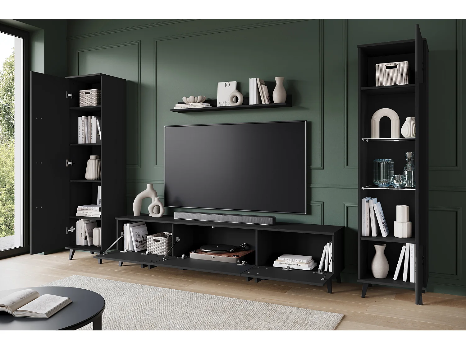 Mural de salon sur pieds avec LED– ensemble TV 180 cm, vitrine, bibliothèque, étagère murale noir mat