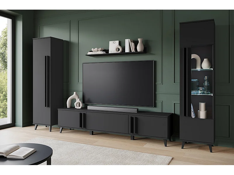 Mural de salon sur pieds avec LED– ensemble TV 180 cm, vitrine, bibliothèque, étagère murale noir mat