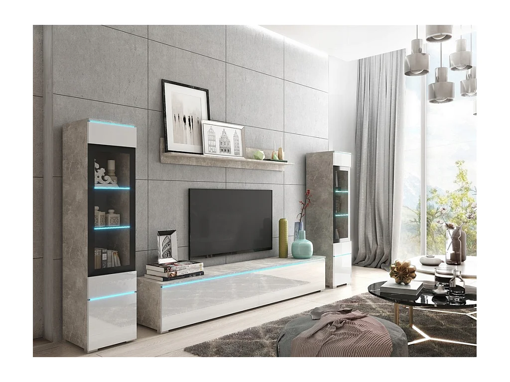 Ensemble de salon avec LED 4 éléments – meuble TV 180 cm, 2 vitrines et étagère, à poser ou suspendu, corps béton mat, façades blanc brillant