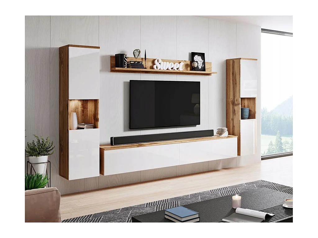 Mural de salon moderne 4 éléments avec LED, 2 colonnes, meuble TV 180 cm et étagère, corps chêne wotan, façades blanc brillant