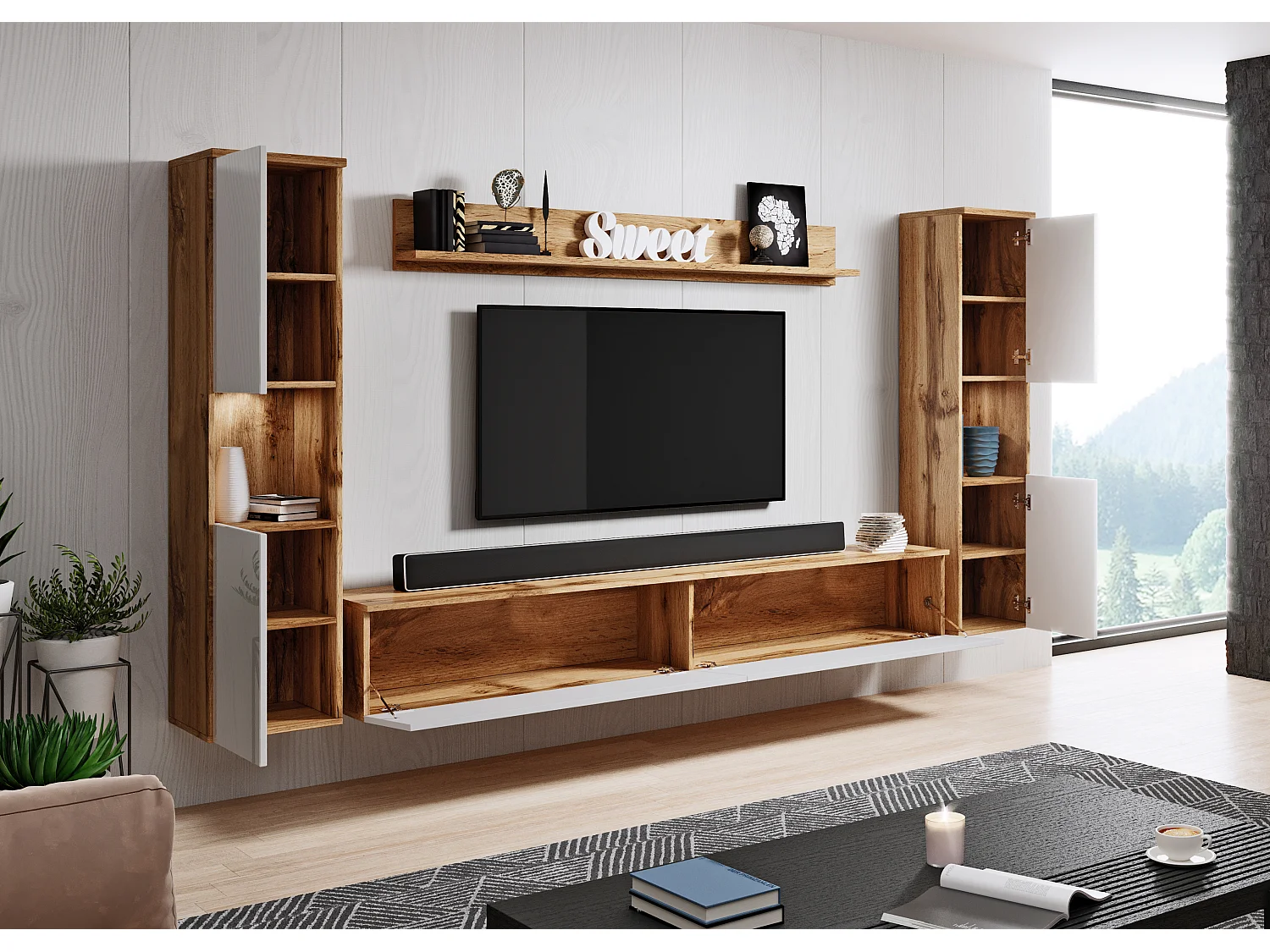 Modernes 4-teiliges LED-Salon-Wandelement mit TV-Ständer und Regal, Eiche Wotan Korpus, Glänzende weiße Fronten