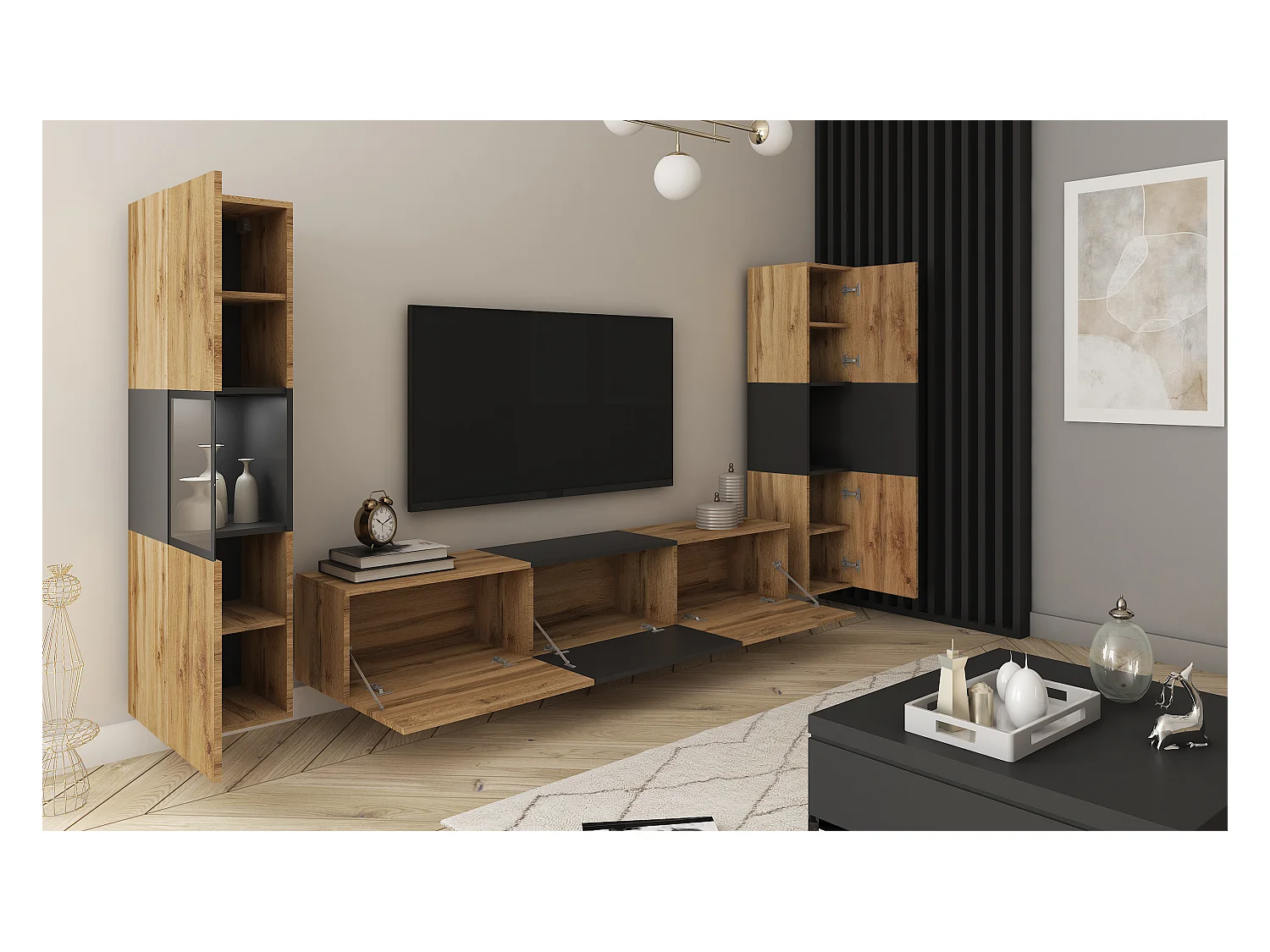 Mural de salon moderne avec éclairage LED, ensemble suspendu et posé avec meuble TV 180 cm, vitrine et colonne, corps chêne wotan, insert noir mat