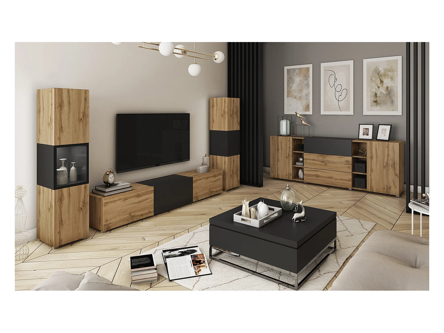 Mural de salon moderne avec éclairage LED, ensemble suspendu et posé avec meuble TV 180 cm, vitrine et colonne, corps chêne wotan, insert noir mat