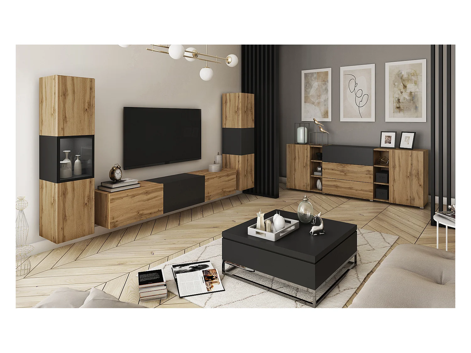 Móvel de sala com iluminação LED, conjunto suspenso e de chão com móvel TV 180 cm, vitrine e coluna, corpo carvalho wotan, inserto preto mate