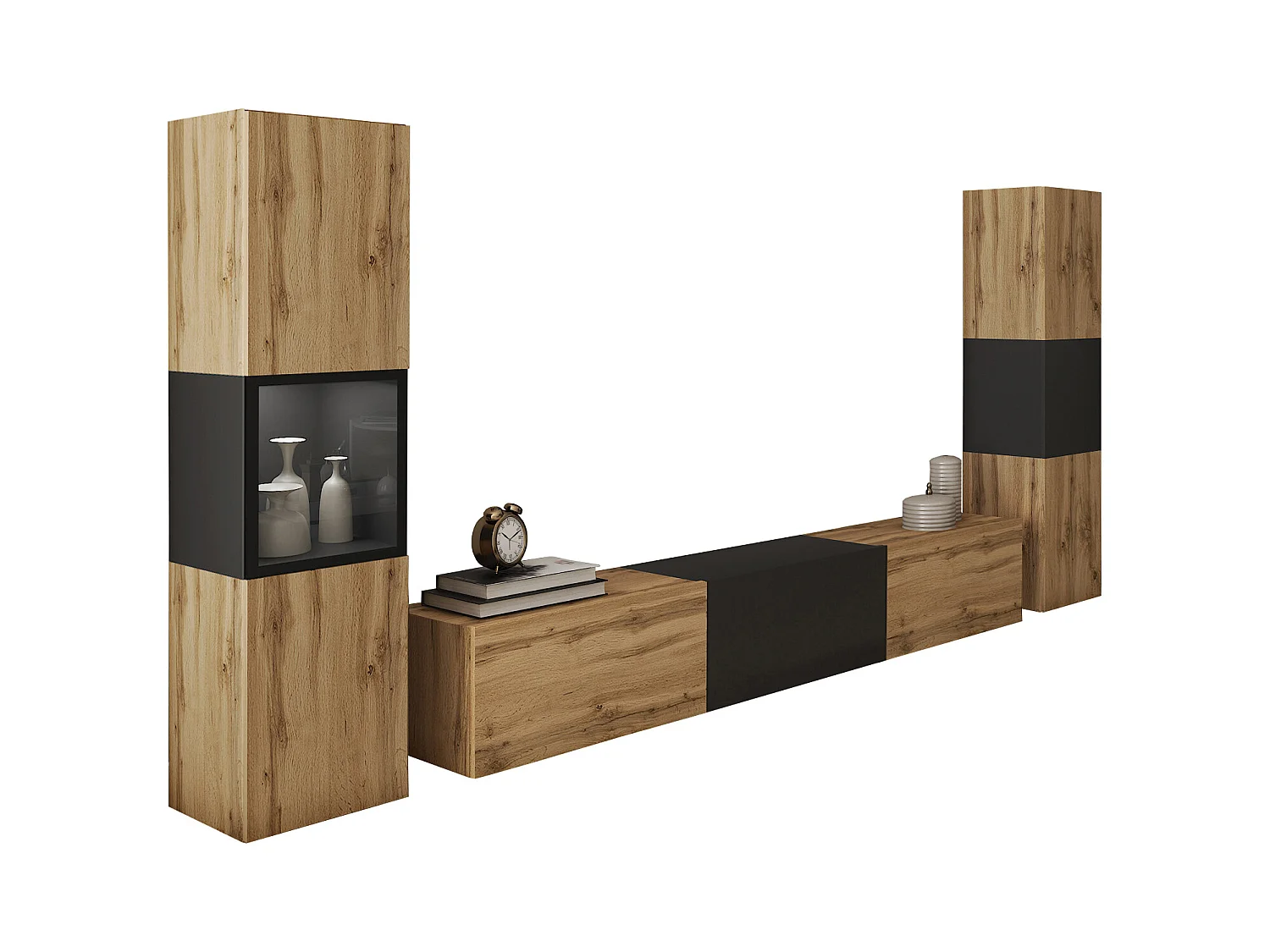 Mural de salon moderne avec éclairage LED, ensemble suspendu et posé avec meuble TV 180 cm, vitrine et colonne, corps chêne wotan, insert noir mat