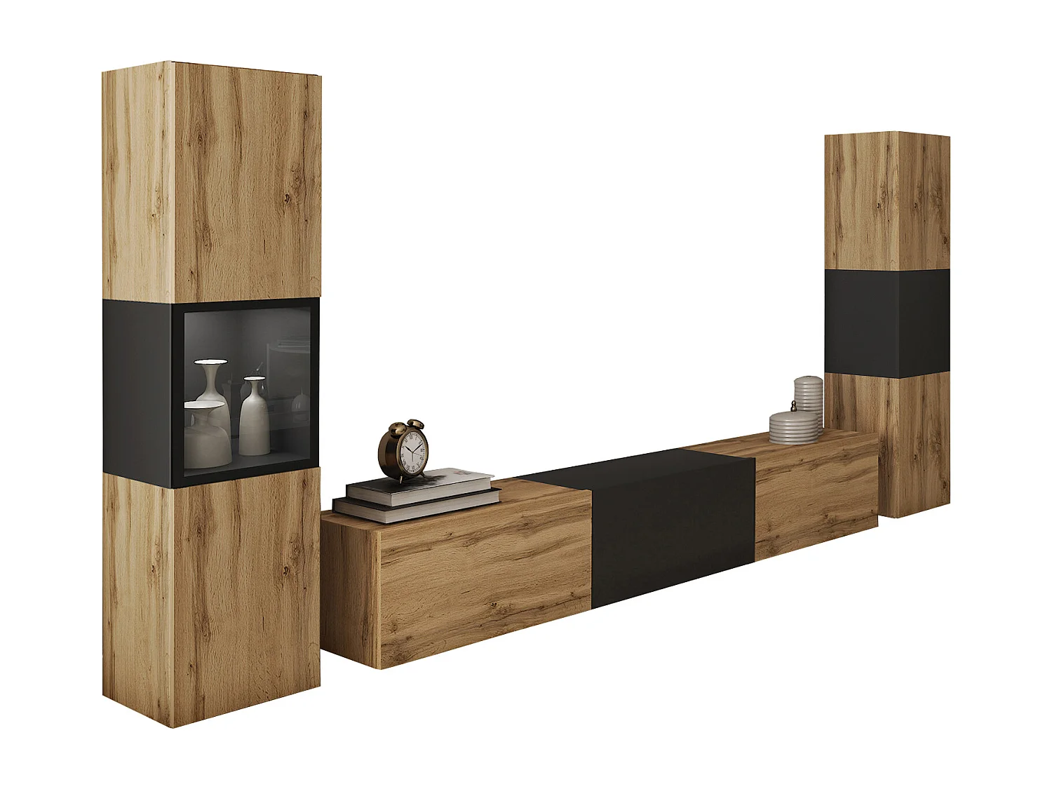 Mural de salon moderne avec éclairage LED, ensemble suspendu et posé avec meuble TV 180 cm, vitrine et colonne, corps chêne wotan, insert noir mat