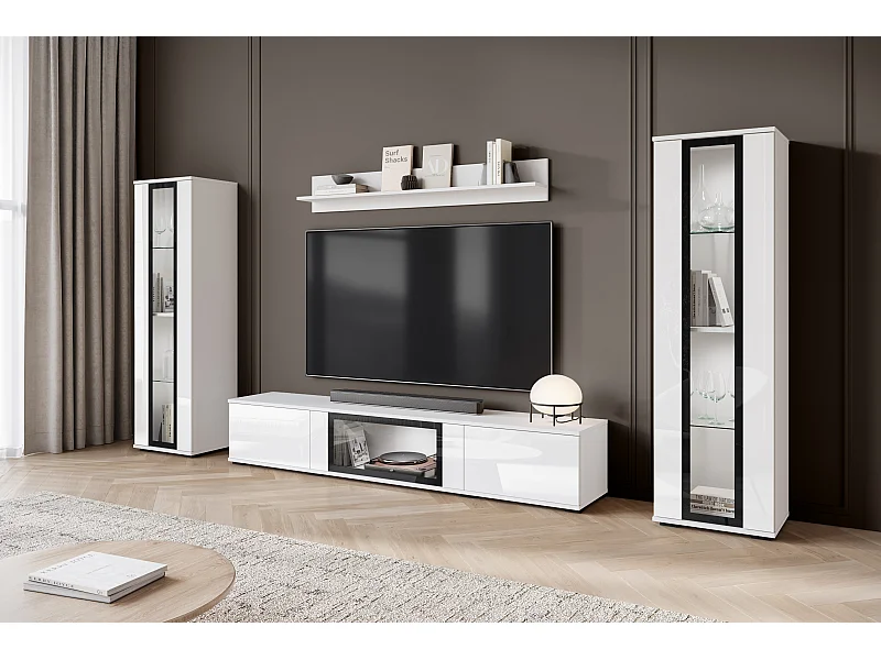 Mural de salon moderne avec LED 2 vitrines et meuble TV 180 cm corps blanc mat façades blanc brillant