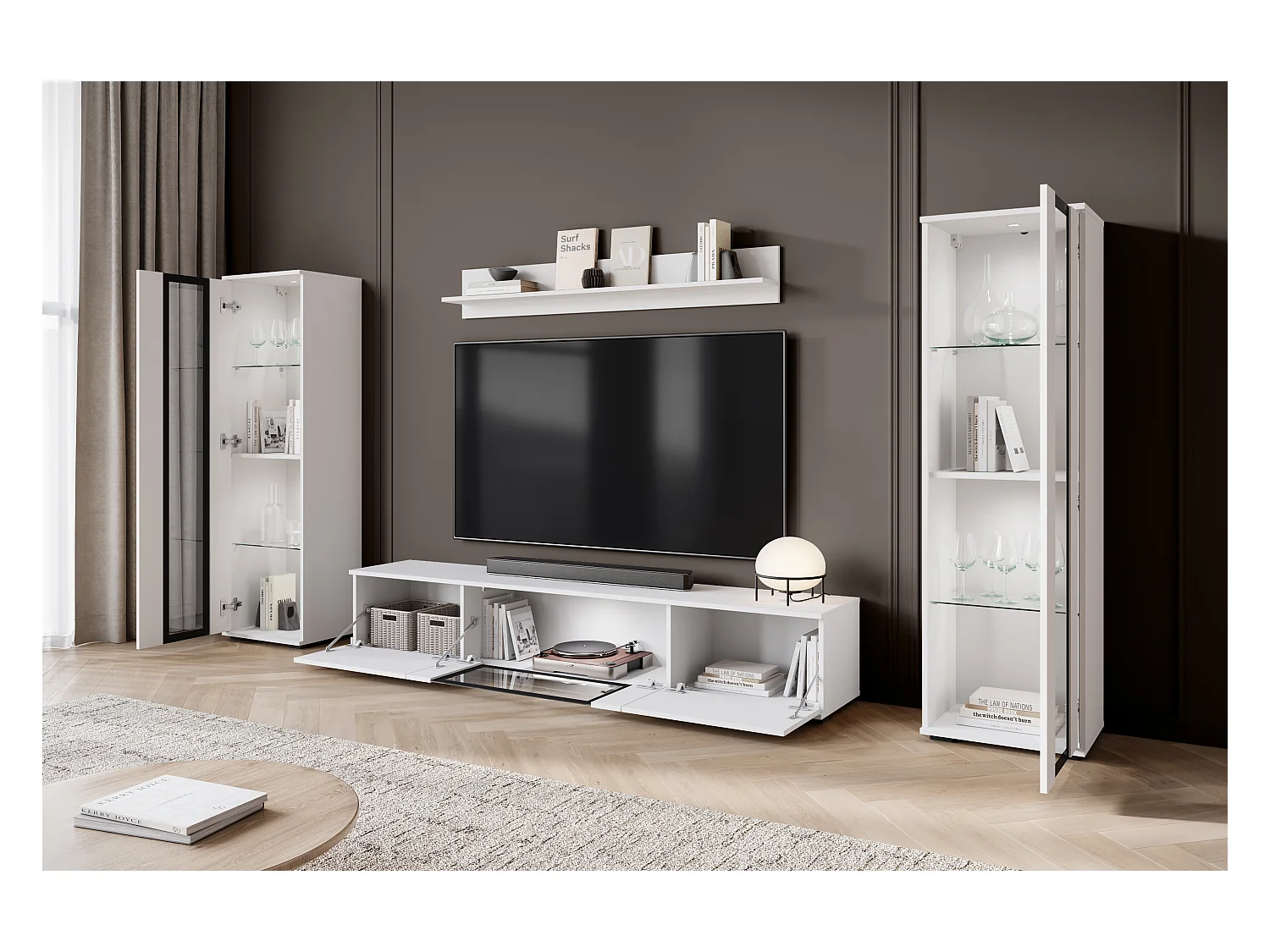 Conjunto de sala moderno com LED 2 vitrinas e móvel de TV 180 cm corpo branco mate frentes branco brilho