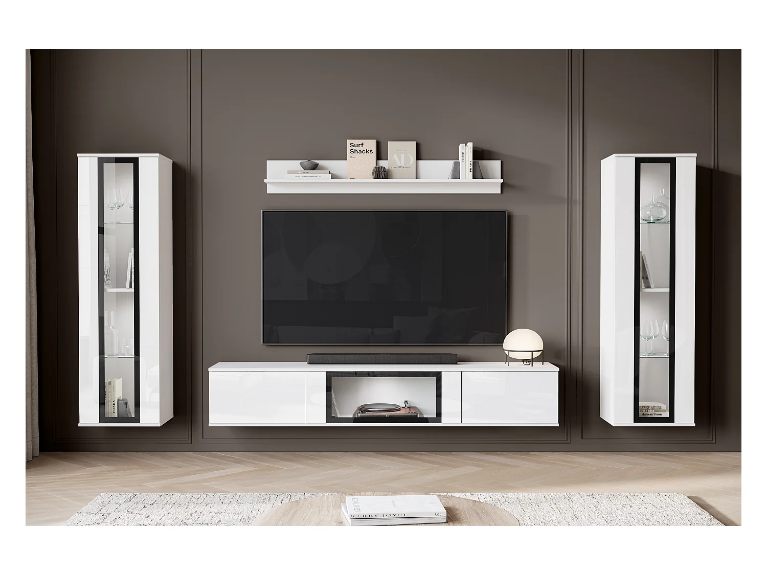 Conjunto de sala moderno com LED 2 vitrinas e móvel de TV 180 cm corpo branco mate frentes branco brilho