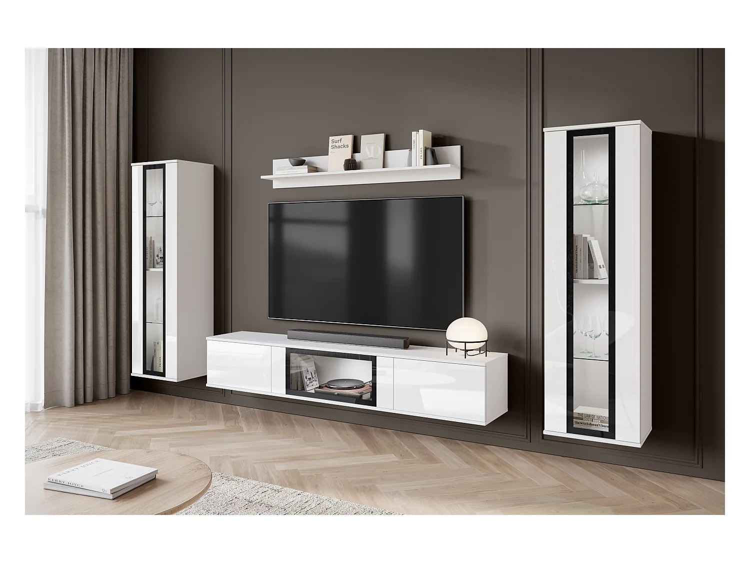 Conjunto de sala moderno com LED 2 vitrinas e móvel de TV 180 cm corpo branco mate frentes branco brilho