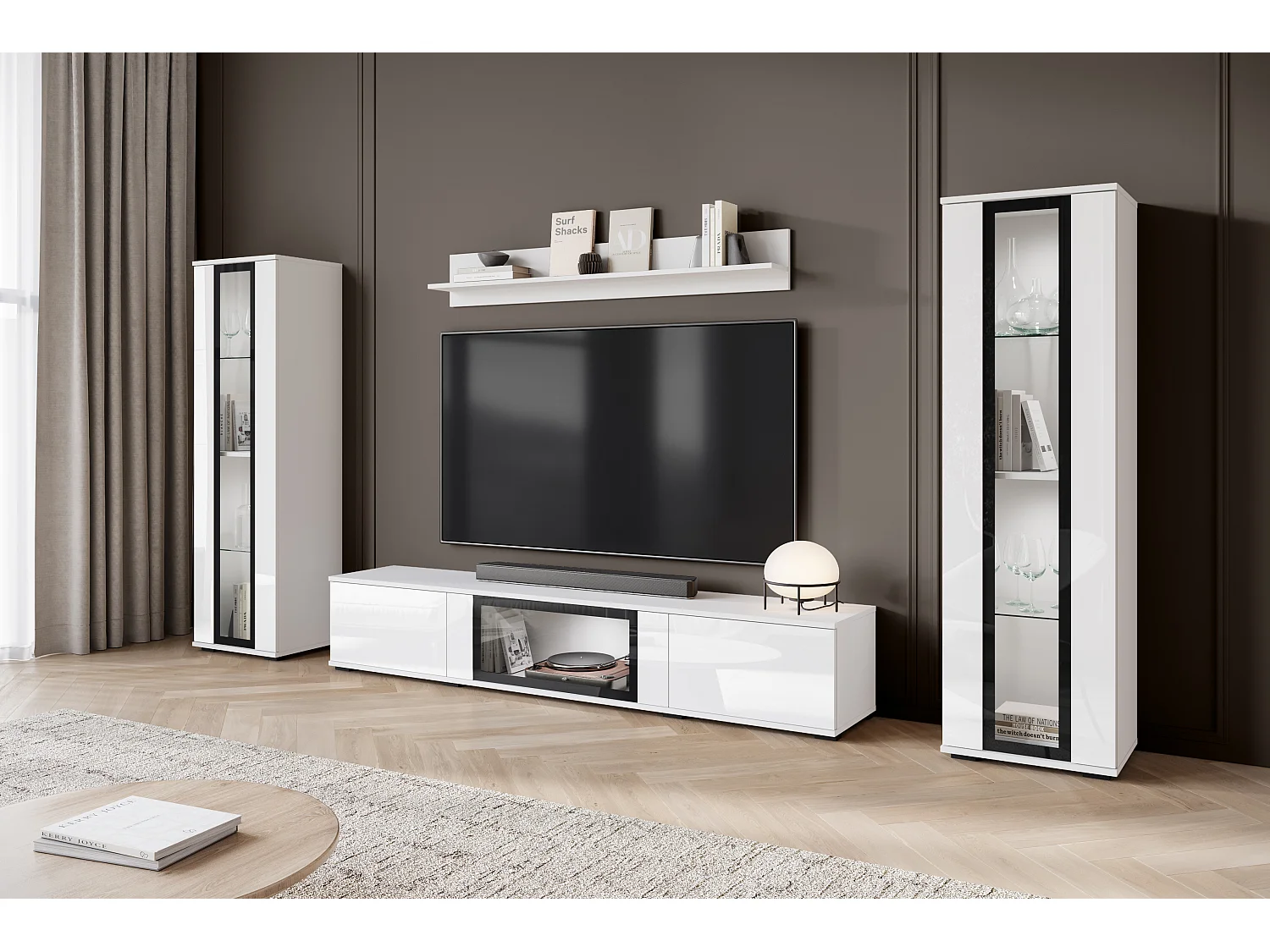 Parete attrezzata moderna per soggiorno con LED 2 vetrine e mobile TV 180 cm struttura bianco opaco frontali bianco lucido