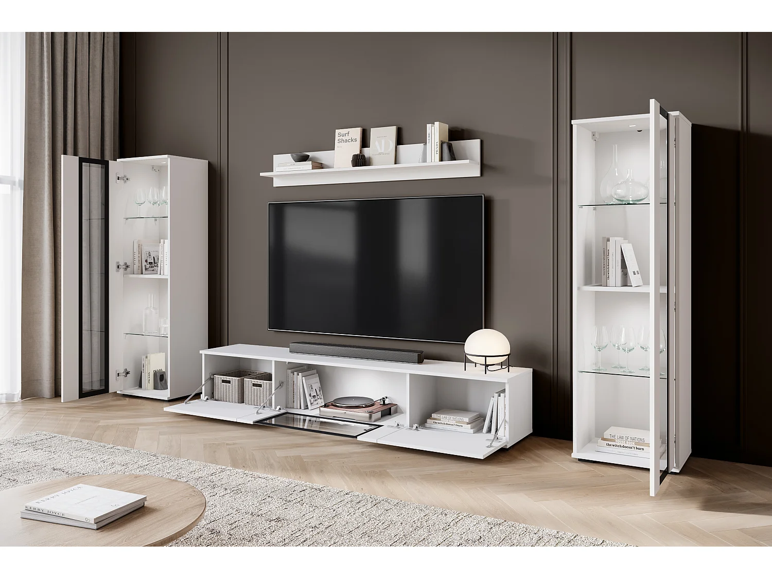 Parete attrezzata moderna per soggiorno con LED 2 vetrine e mobile TV 180 cm struttura bianco opaco frontali bianco lucido