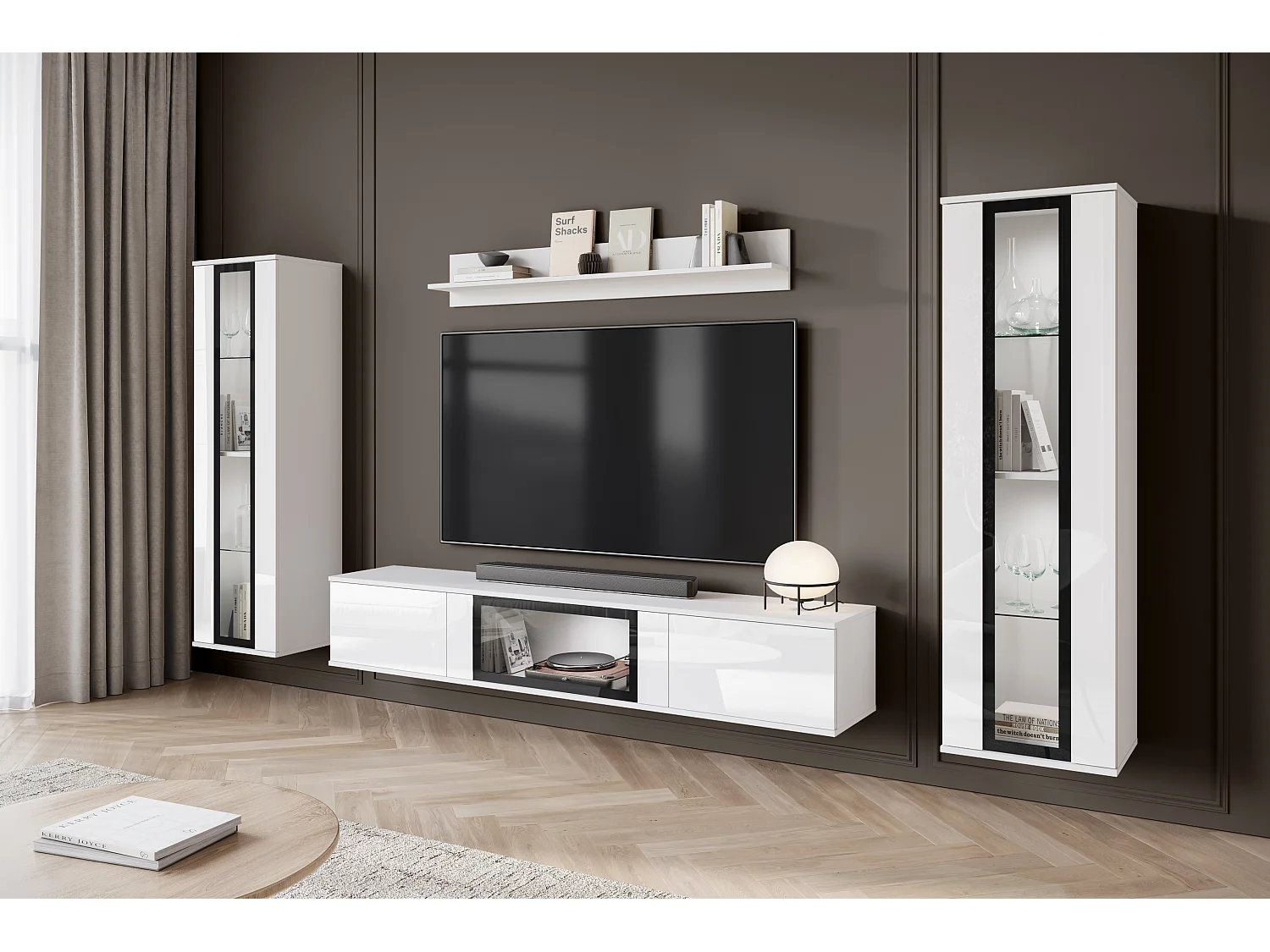 Parete attrezzata moderna per soggiorno con LED 2 vetrine e mobile TV 180 cm struttura bianco opaco frontali bianco lucido