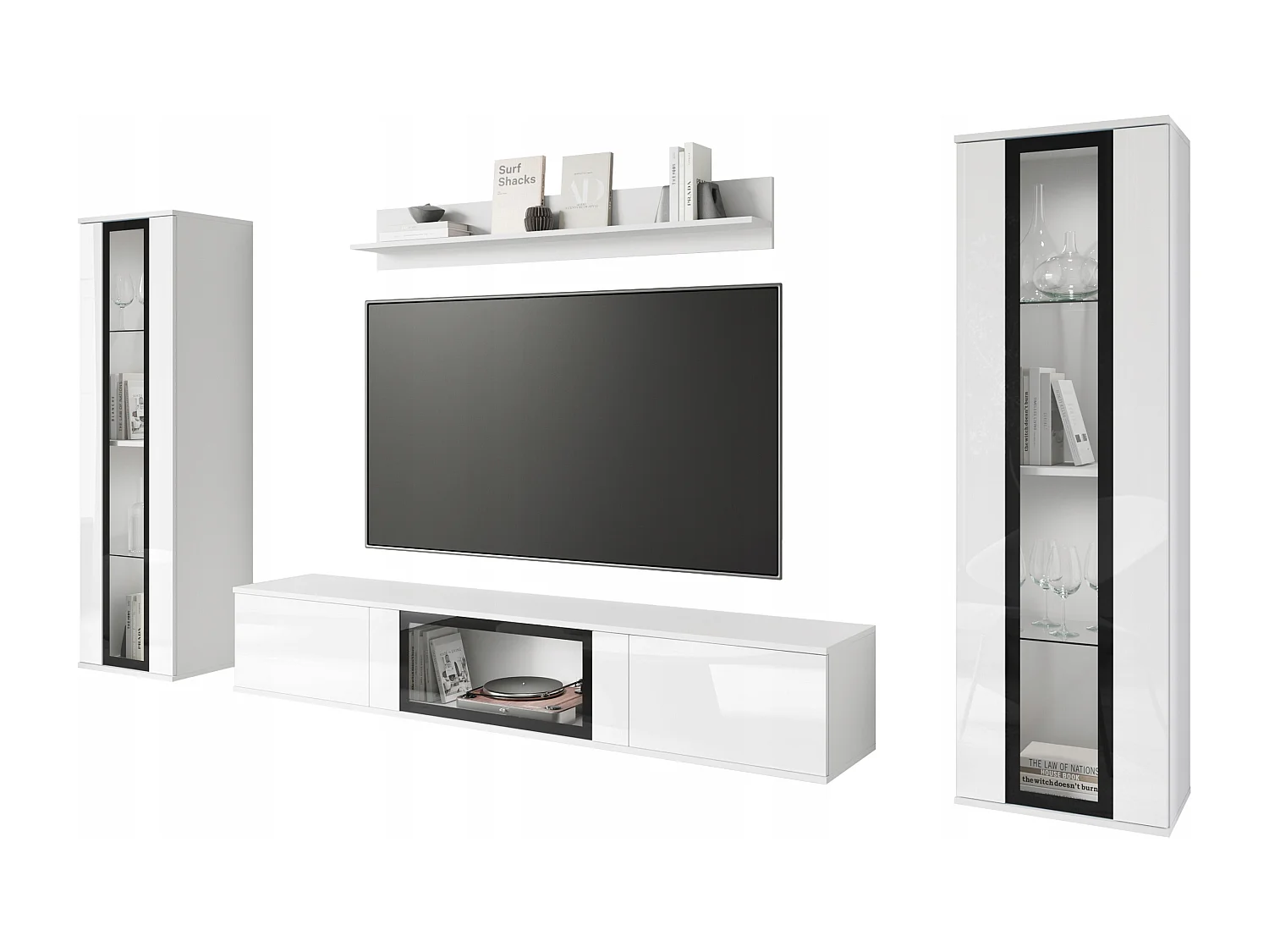 Mural de salon moderne avec LED 2 vitrines et meuble TV 180 cm corps blanc mat façades blanc brillant