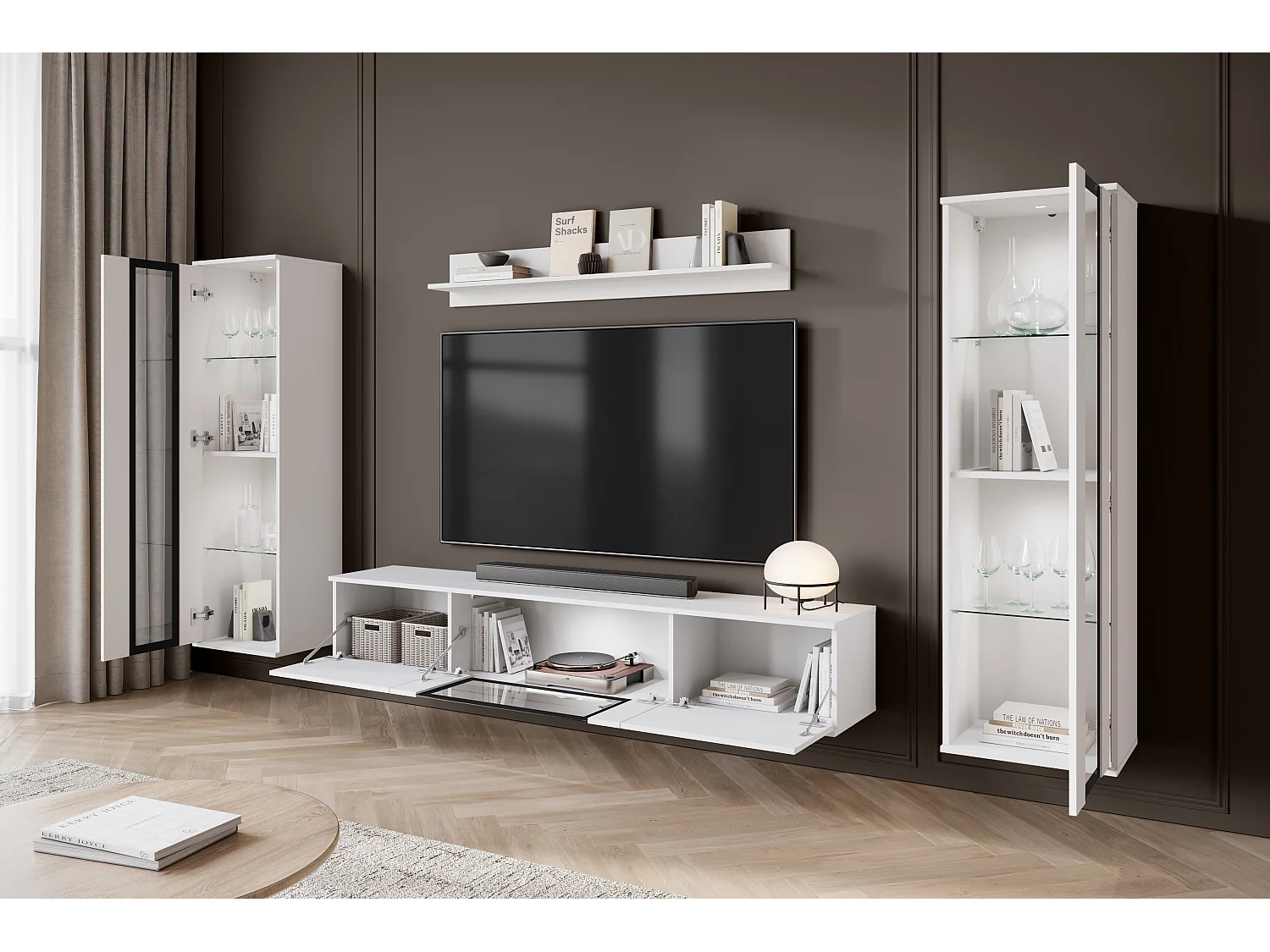 Mural de salon moderne avec LED 2 vitrines et meuble TV 180 cm corps blanc mat façades blanc brillant