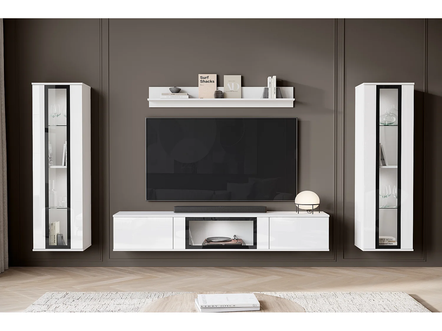 Mural de salon moderne avec LED 2 vitrines et meuble TV 180 cm corps blanc mat façades blanc brillant