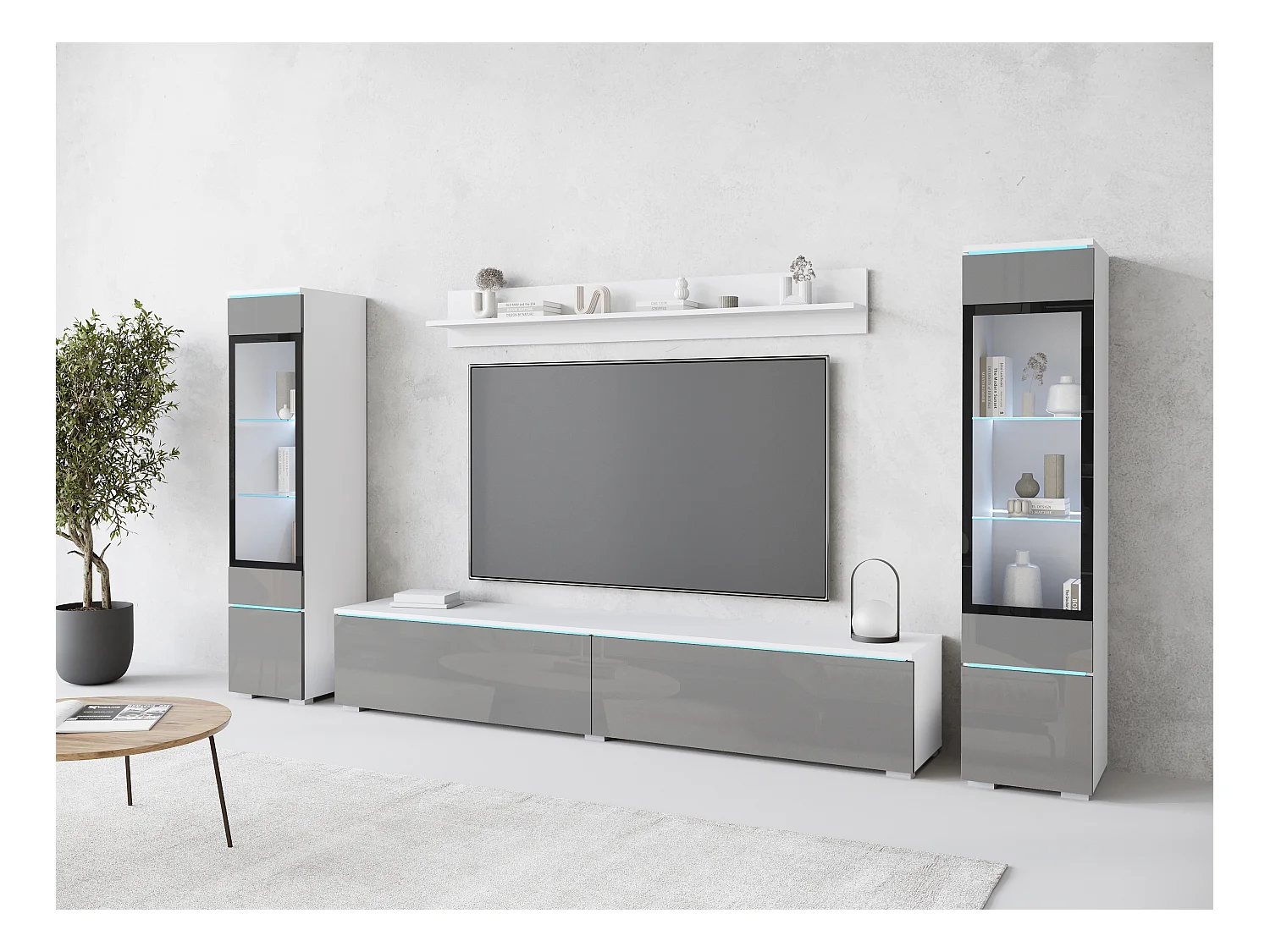 Ensemble de salon avec LED 4 éléments – meuble TV 180 cm, 2 vitrines et étagère, à poser ou suspendu, corps blanc mat, façades gris brillant
