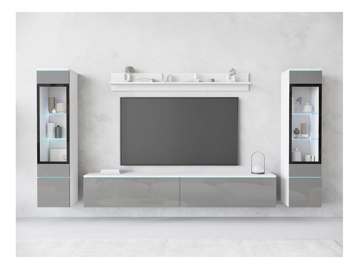 Ensemble de salon avec LED 4 éléments – meuble TV 180 cm, 2 vitrines et étagère, à poser ou suspendu, corps blanc mat, façades gris brillant