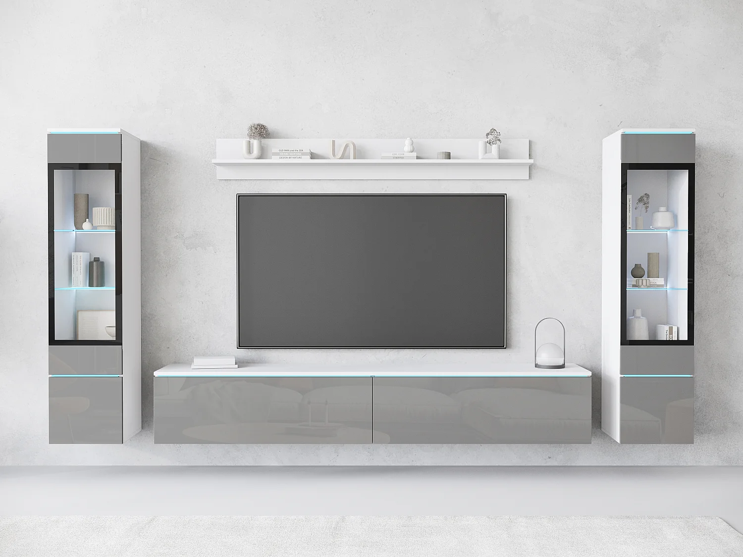 Conjunto de salón con LED 4 elementos – mueble TV 180 cm, 2 vitrinas y estante, de pie o suspendido, cuerpo blanco mate, frentes gris brillo
