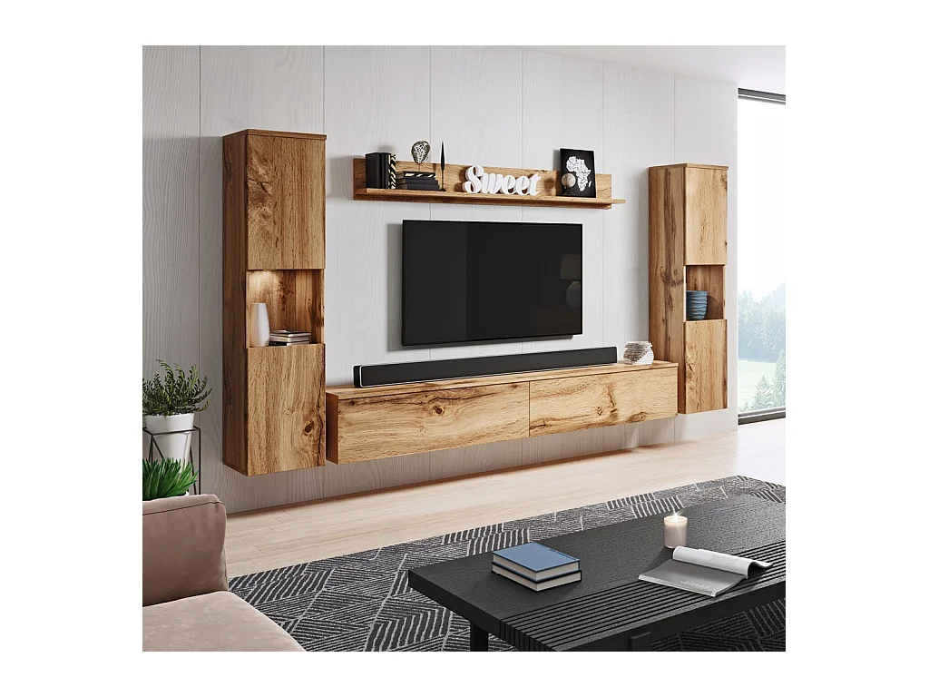 Mural de salon moderne 4 éléments avec LED, mat, 2 colonnes, meuble TV 180 cm et étagère chêne wotan