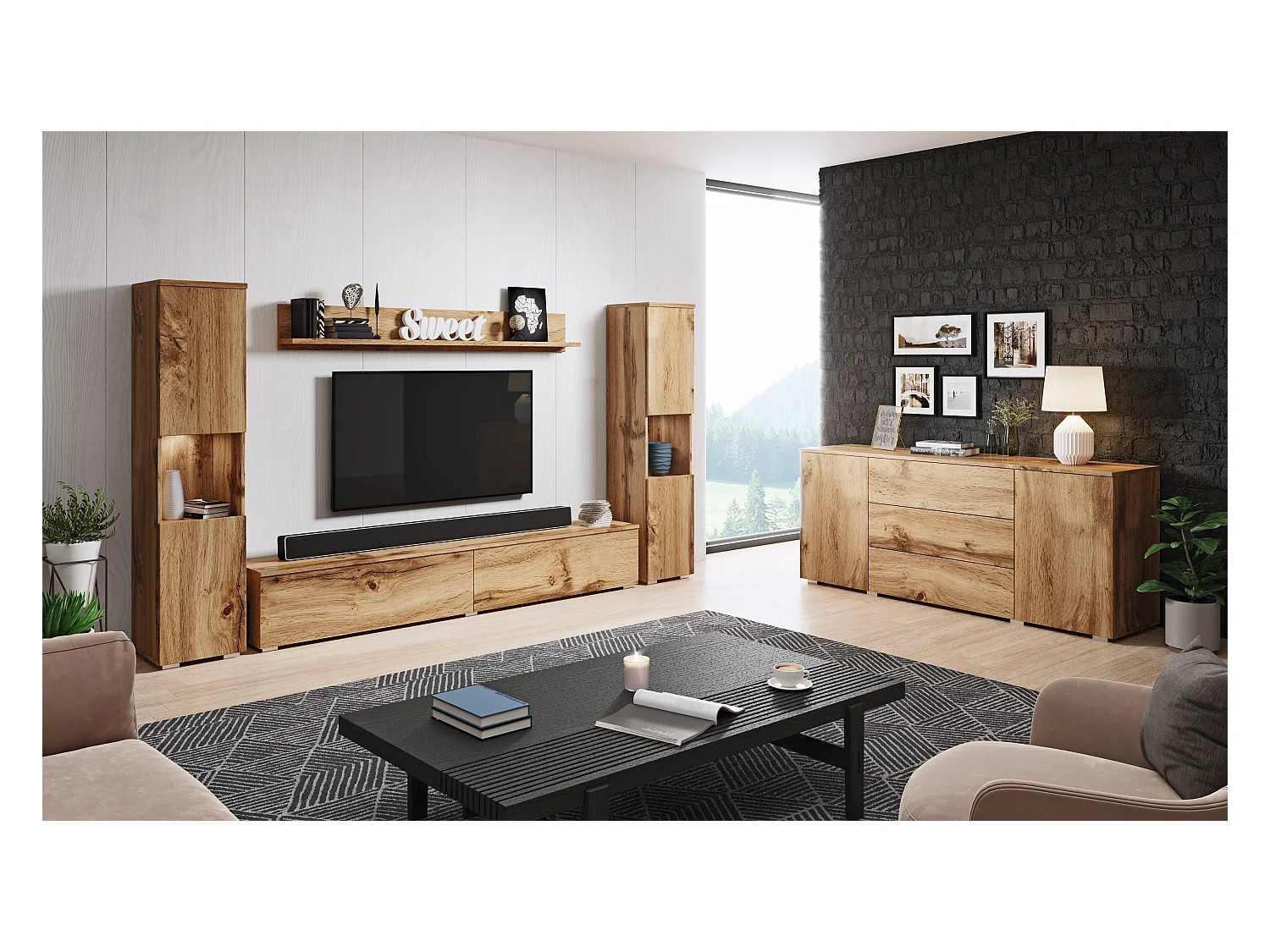 Mural de salon moderne 4 éléments avec LED, mat, 2 colonnes, meuble TV 180 cm et étagère chêne wotan