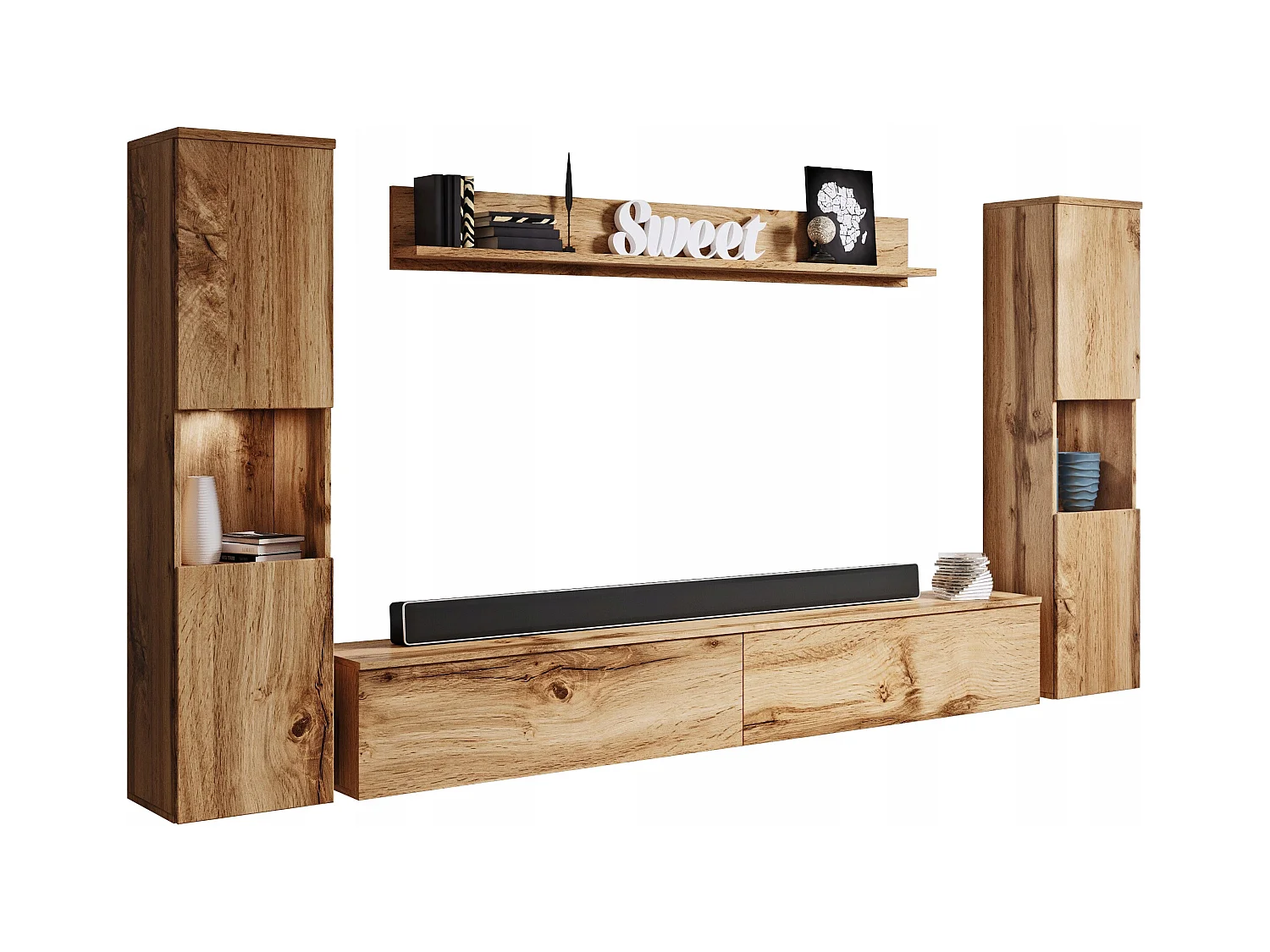 Mural de salon moderne 4 éléments avec LED, mat, 2 colonnes, meuble TV 180 cm et étagère chêne wotan